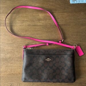 Coach Signature Brown Crossbody Bag with Pink Accents